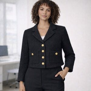 PLM Black Textured Tweed Cropped Blazer Jacket Gold Crest Buttons Medium NWT